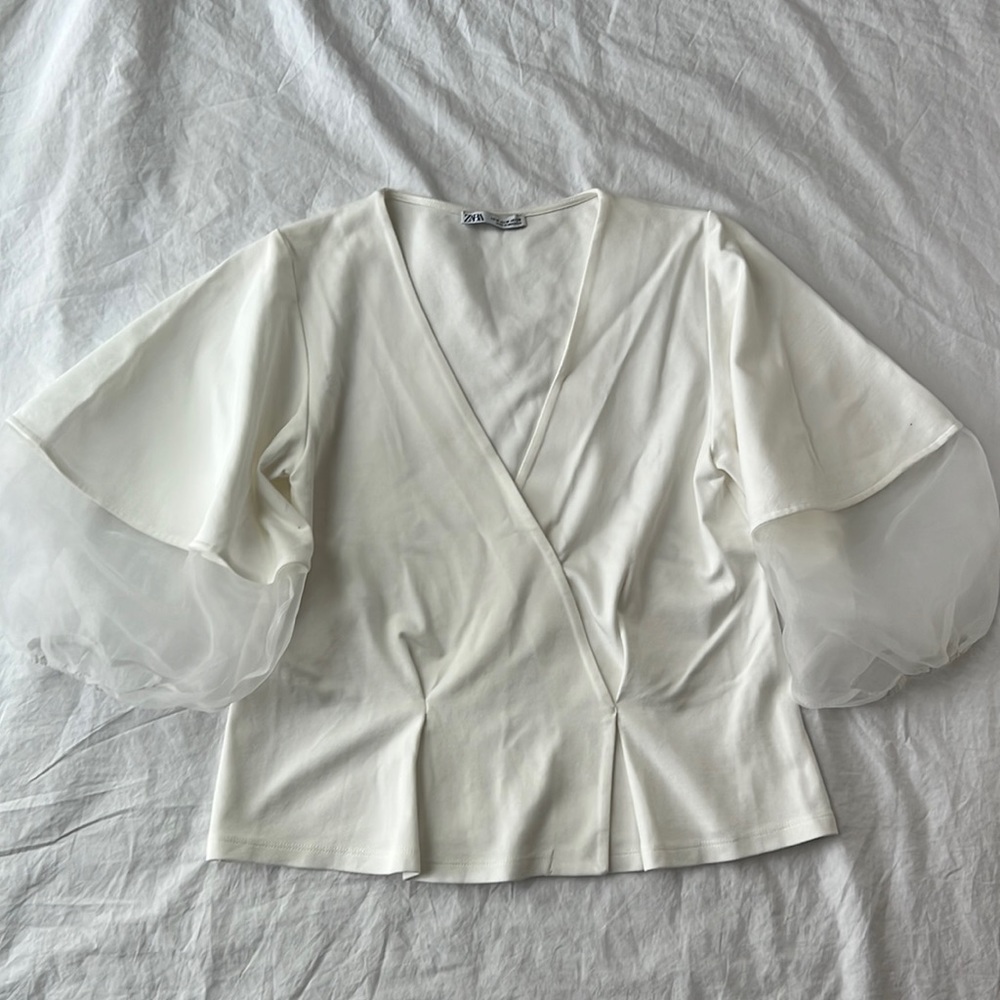 Zara White Top Organza Balloon Partial Sheer Sleeves V-Neck